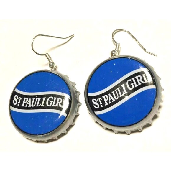 St. Pauli Girl Beer Bottle Cap Earrings Drop Dangle Fishhook Artisan NEW! - Picture 1 of 1